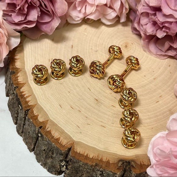 ‘Tying the Knot’ Gold Knotted Cufflinks Tuxedo Studs Formal 8 Pcs Set - Picture 8 of 17